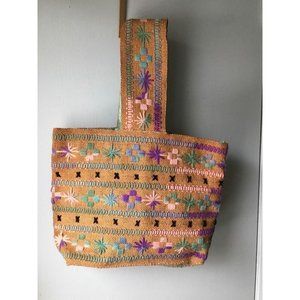 Vintage Yarn Embroidered Tote Bag Burlap Tote Wide Single Handle Boho